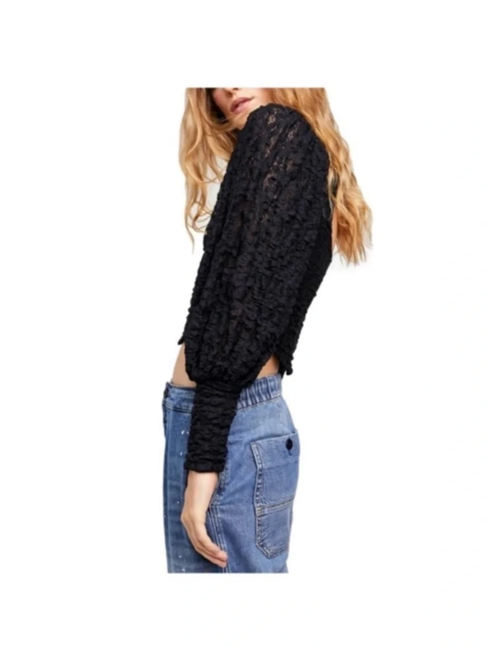 Free People Tea Time Lace Open Back Puff Sleeve Top Black Small Women’s NWT